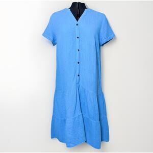 J Jill Ice Blue Small Tier Gauze Drop Waist Dress Button Midi Lagenlook Cottage
